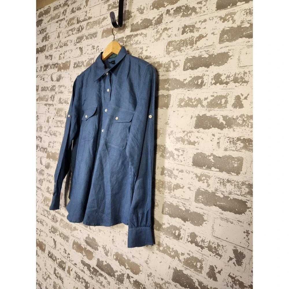 Ralph Lauren Shirt Womens Large Blue Linen Long Sleeve Button Up Beachy Coastal - Picture 5 of 15